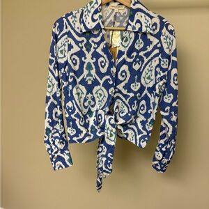 Christian Siriano Blue White Ikat Linen Blend Tie-Front Blouse NWT Size S